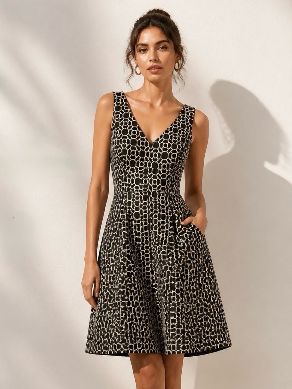 Lauren Ralph Lauren Black Dress with Cream Gold Geometric Floral Print